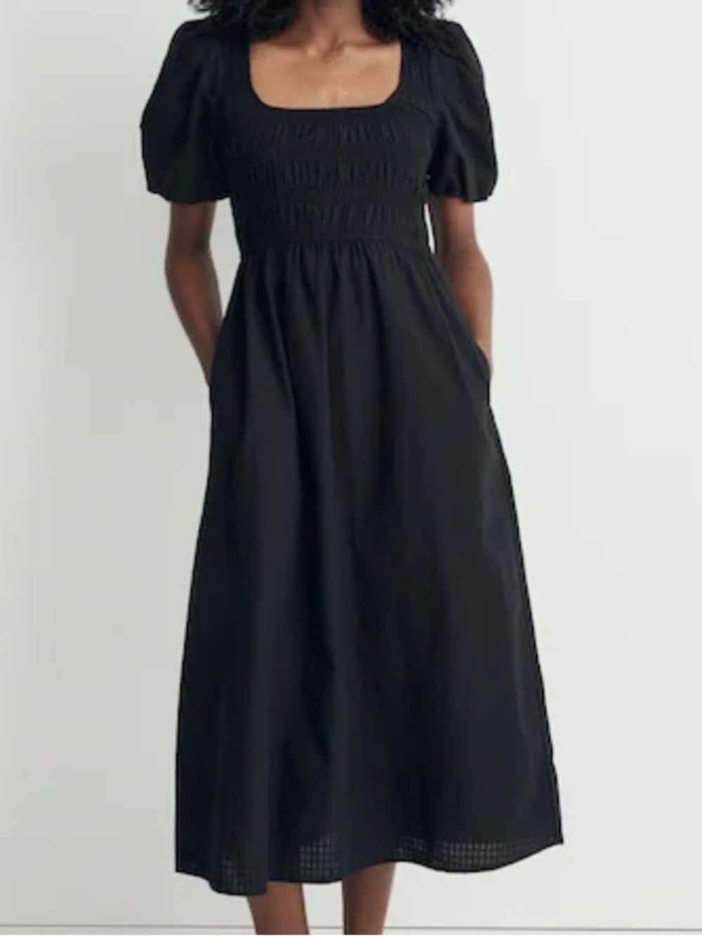Madewell Black Cotton Smocked Square Neck Puff Sleeve Midi Dress Size 12